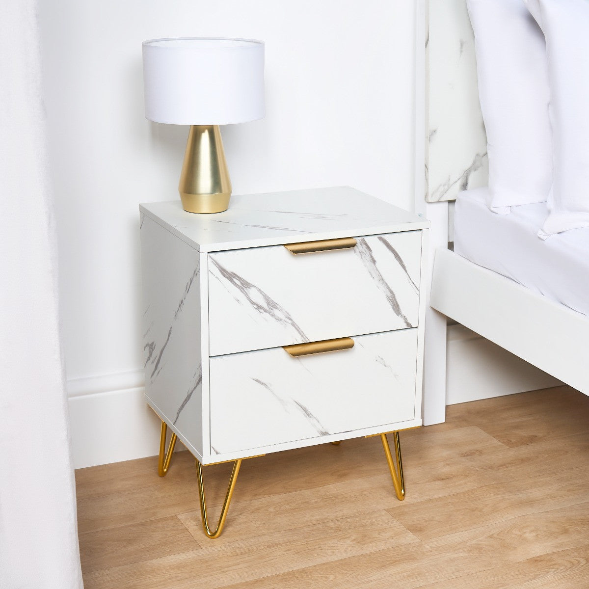 Luxery Marble Effect 2 Drawers Bedside Table - White - Truly Yours