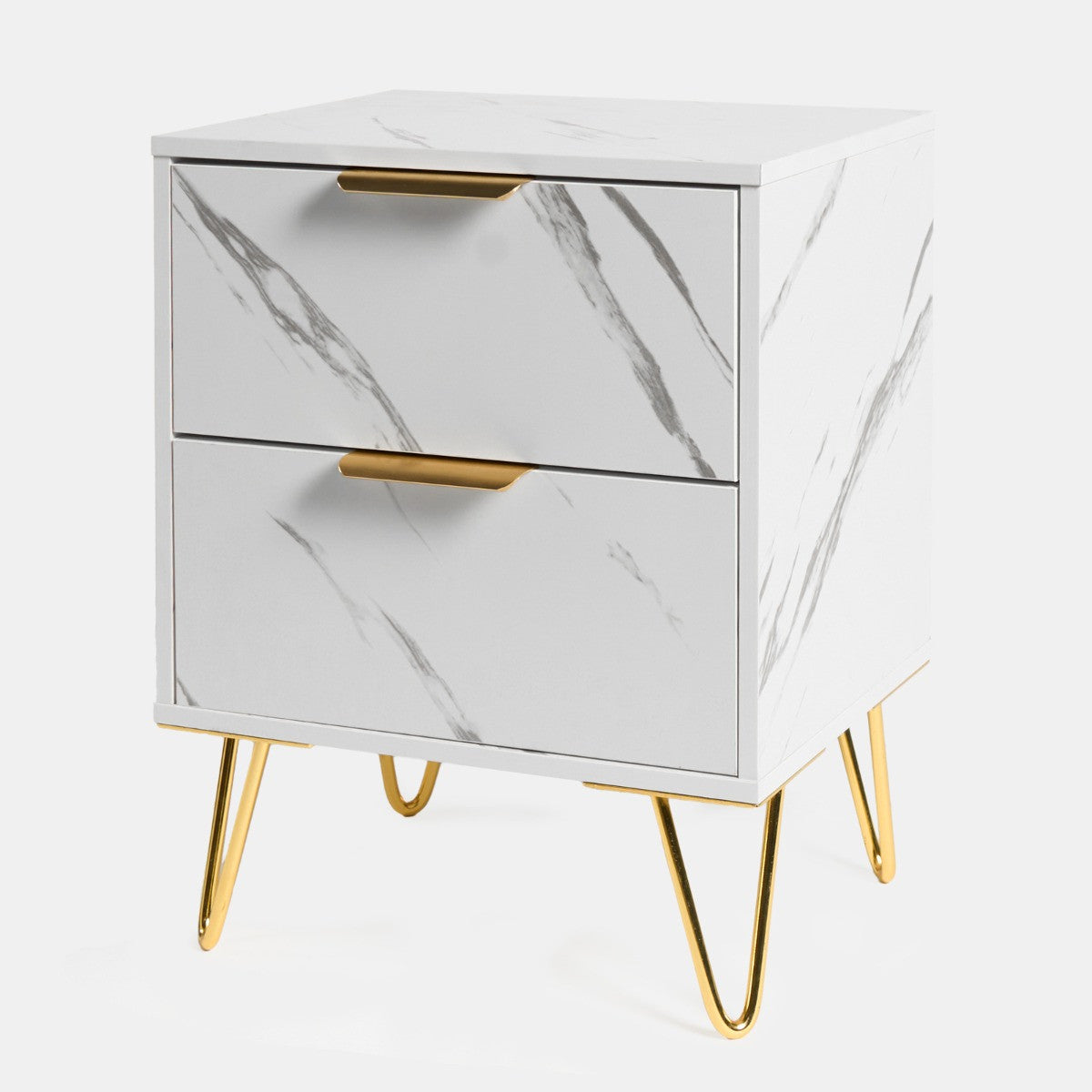 Luxery Marble Effect 2 Drawers Bedside Table - White - Truly Yours