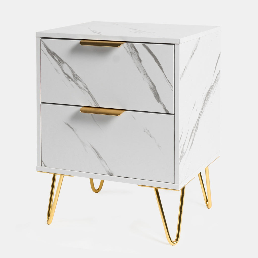 Luxery Marble Effect 2 Drawers Bedside Table - White - Truly Yours