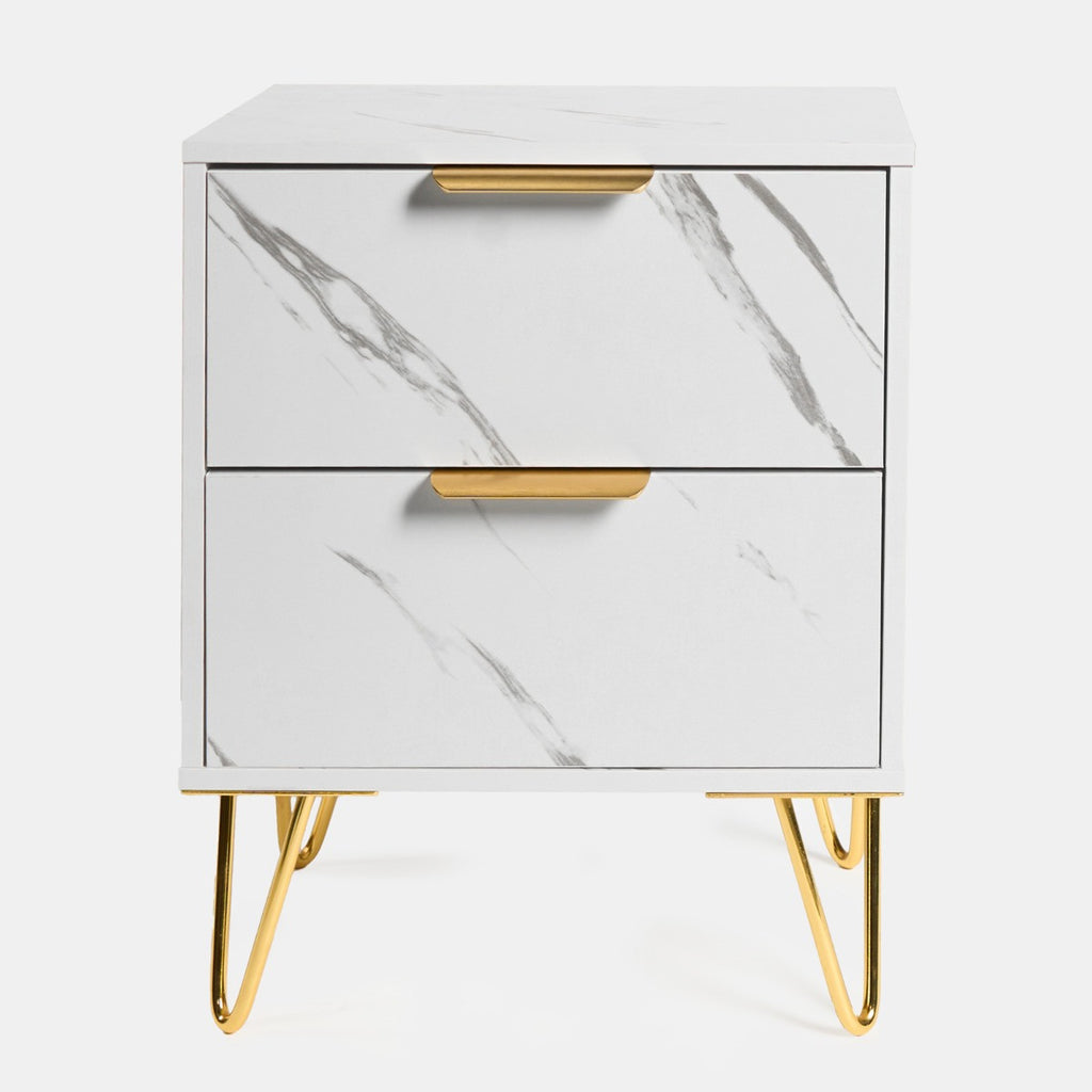 Luxery Marble Effect 2 Drawers Bedside Table - White - Truly Yours