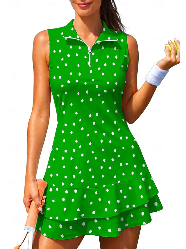 Women’s  Polka Dot Sleeveless Tennis Dress Various Colours– Zip Neck Ruffle Hem - Truly Yours