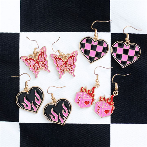 Y2K Enamel Drop Earrings - Heart Flame, Pink Butterfly, dice and Checkerboard Hearts - Truly Yours
