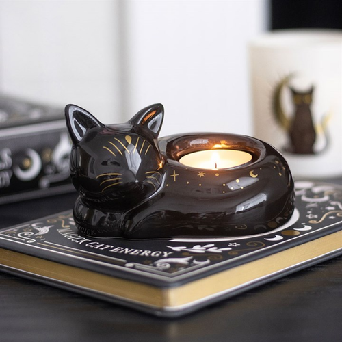 Black Cat Magick Curled Cat Tealight Holder - Truly Yours