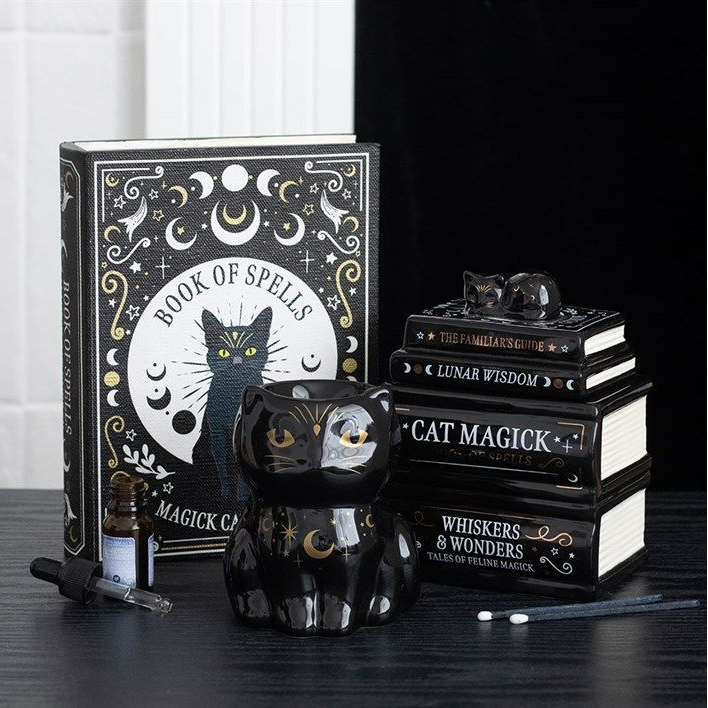 Black Cat Book Stack Oil Burner with Cat - Truly Yours