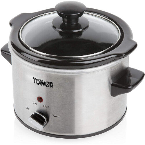 Tower Stainless Steel Slow Cooker with 3 Heat Settings, Keep Warm Function, Tempered Glass Lid, Removable Ceramic Pot, 1.5 Litre, 120 W, Silver