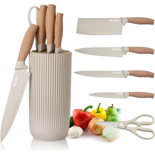 (Khaki) Kitchen Knife Set, 6-Pieces Khaki Sharp Knife Set for Kitchen, Non-Stick Non-Slip Stainless Steel Chef Knife Set with Universal Knife Block Suitable