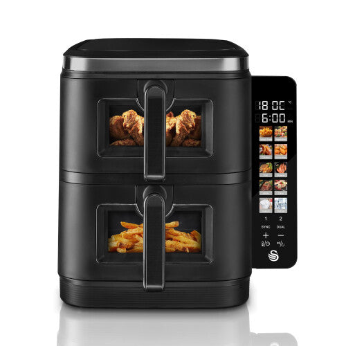 Swan SD10522BLK 11L Twin Stack Air Fryer - Cyclone Technology, 2x5.5L Baskets, Vertical Space-Saving Design, Foldable Digital Touch, Dual & 4-Food - Truly Yours