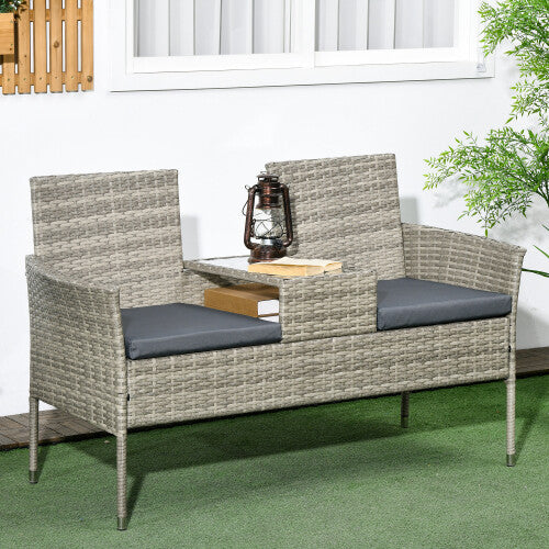 Outsunny Rattan Garden Bench w/ Glass Tea Table, Wicker Chair w/ Cushions Grey - Truly Yours