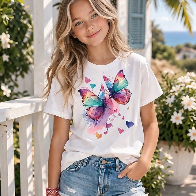 Girls' 3D Graphic Butterfly T shirt Tee Short Sleeve 3D Print Summer Spring Sports Fashion Streetwear Kids 4-12 Years Crew Neck Casual Daily Outdoor Regular Fit