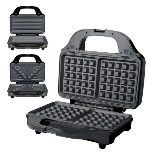 Quest 3-in-1 Waffle Maker, Sandwich Toaster & Panini Press / Easily Changeable Non-Stick Plates / Auto Temperature Control / 900W