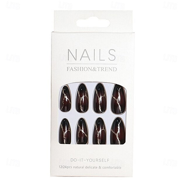 24pcs Luxury Marble Press-On Nails – Elegant Glossy Black & Burgundy False Nails with Gold Line Design - Truly Yours