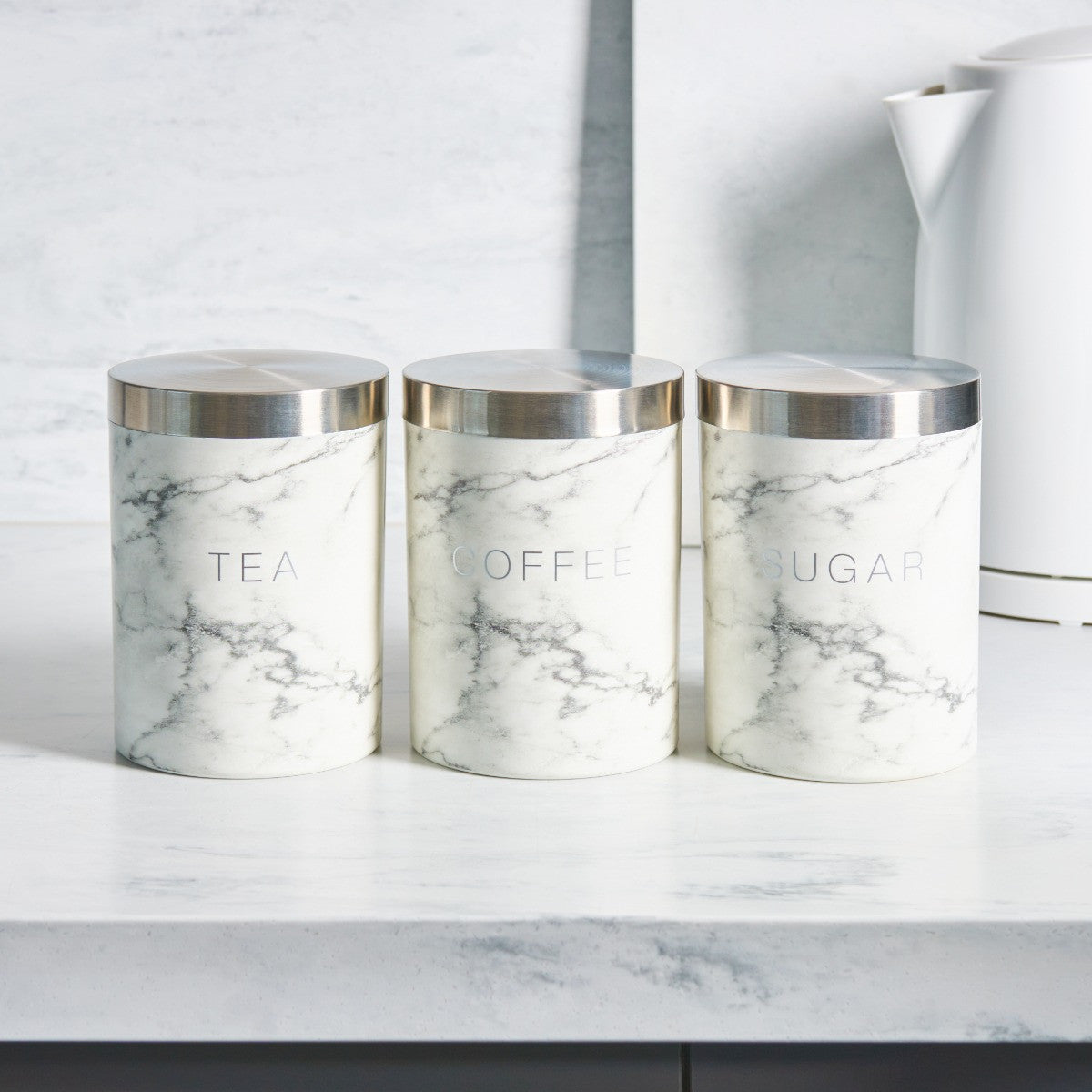 Piece Tea Coffee Sugar Canisters - White Marble Canisters