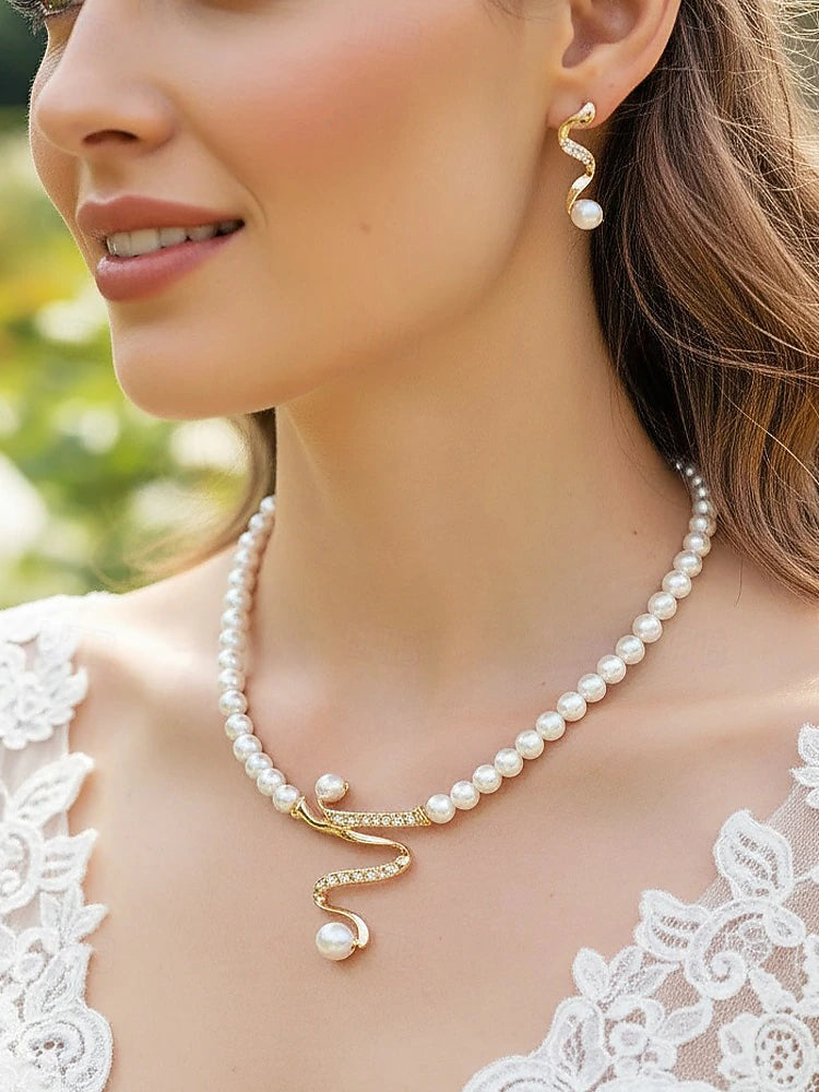 Elegant Pearl Snake Necklace & Earrings Set – Gold Luxury Statement Jewellery - Truly Yours