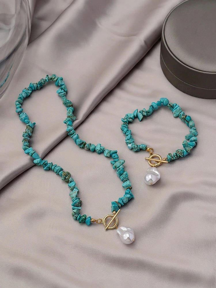Women's Necklace and Bracelet Set, Imitation Pearl with Turquoise Beads - Truly Yours