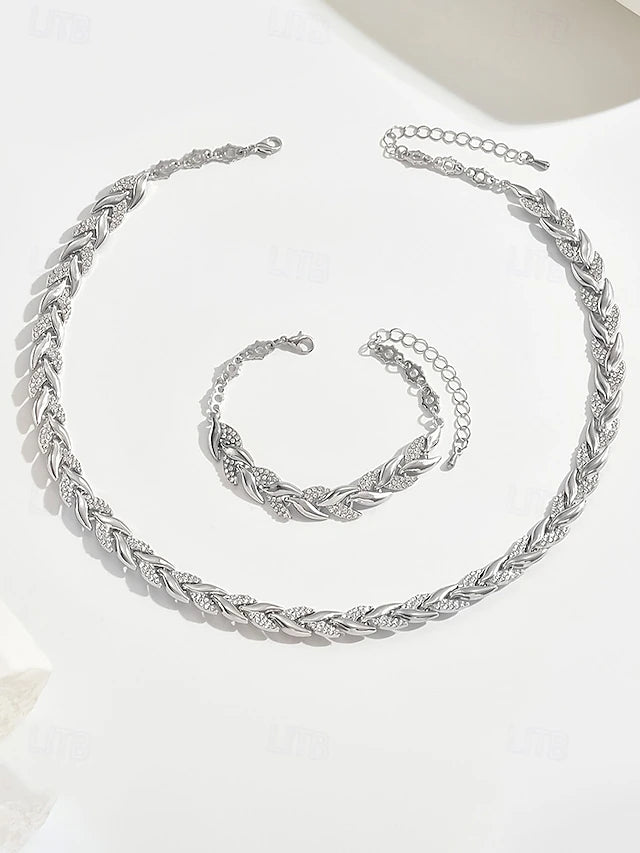 Elegant Rose Gold, silver or gold Leaf Link Necklace & Bracelet Set – Sparkling Zircon Jewellery Collection - Truly Yours