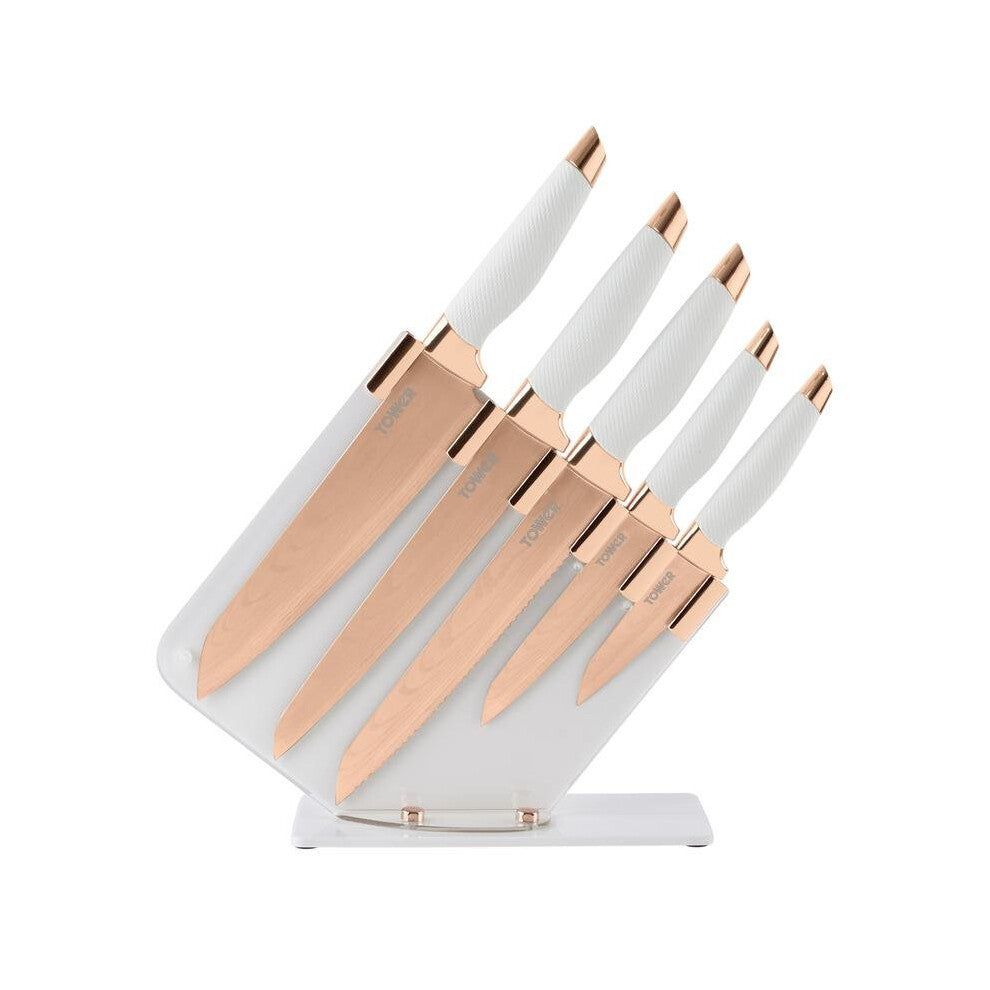 5pc Tower Kitchen Knife Set With Knife Block Rose Gold - Truly Yours