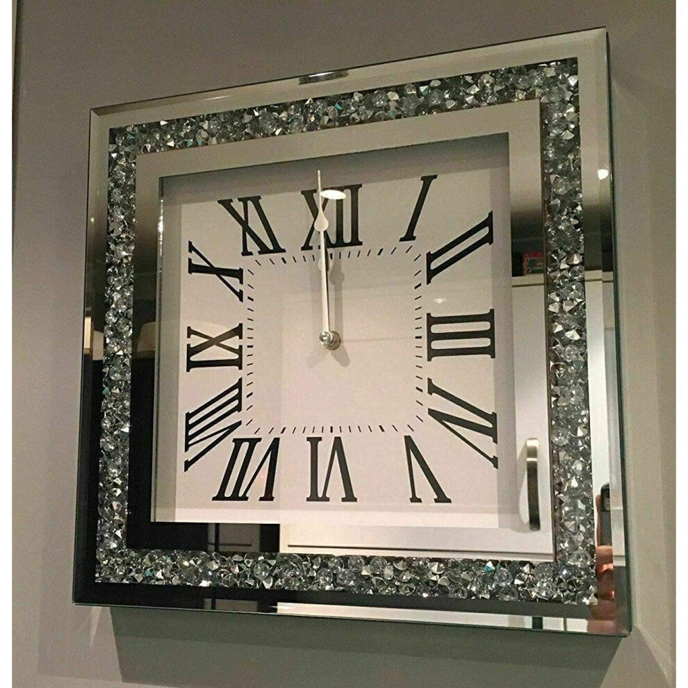 Crushed Diamond Mirrored Wall Clock – Elegant Square Roman Numeral Design