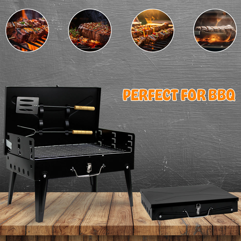 Portable Foldable Suitcase Charcoal BBQ Grill with Integrated Utensils and Carrying Handle