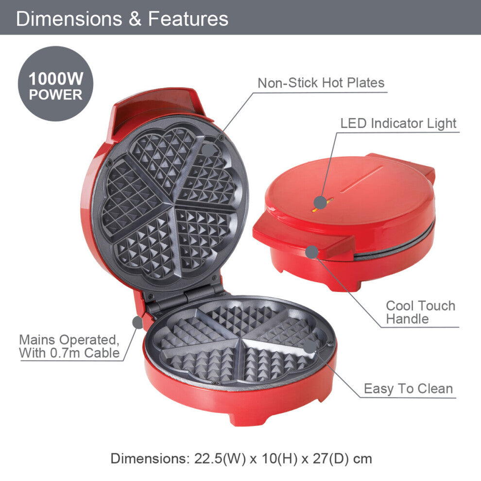 Global Gizmos Heart Waffle Maker / Non Stick Coating
