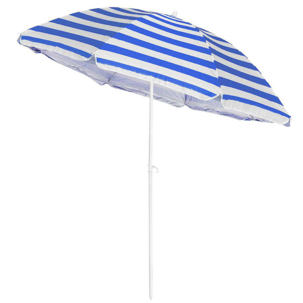 1.7M Blue & White Striped Garden Parasol with Tilt Function – UPF40 Sun Protection, 8-Rib Steel Frame & Carry Bag