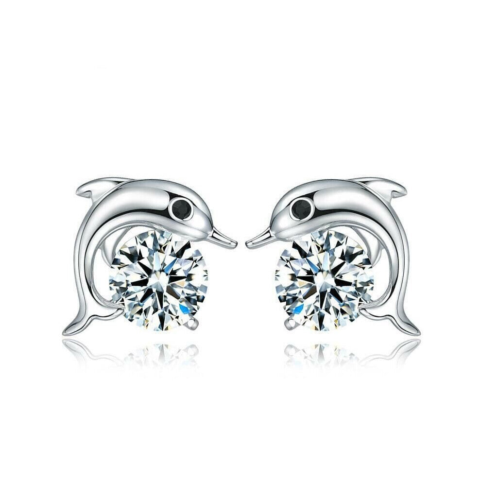 Sparkling Dolphin Hug 925 Silver-Plated Stud Earrings