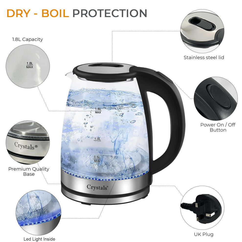 1.8L Electric Kettle Glass 360 Blue LED Illuminated Portable Jug 1500W - Truly Yours