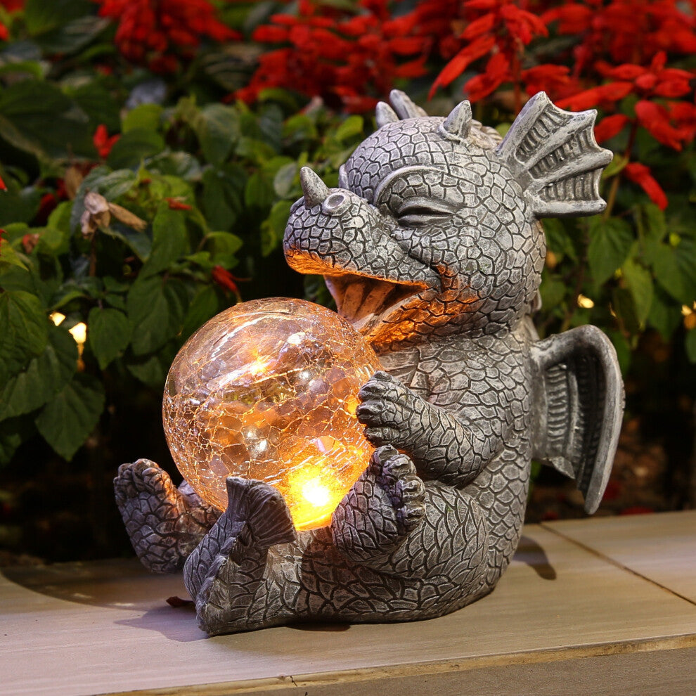 Solar Powered Cute Dragon Garden Ornament with Crackle Glass Glowing Ball