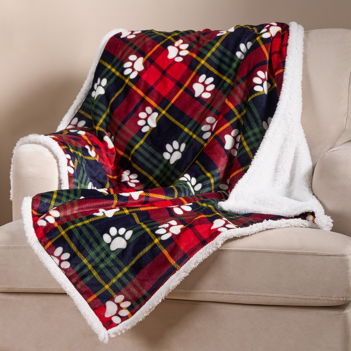 Pet Oxford Check Paw Flannel Fleece Throw - Red or Grey