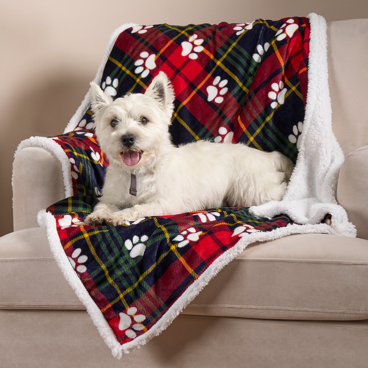 Pet Oxford Check Paw Flannel Fleece Throw - Red or Grey