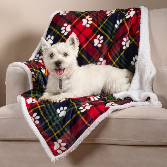 Pet Oxford Check Paw Flannel Fleece Throw - Red or Grey