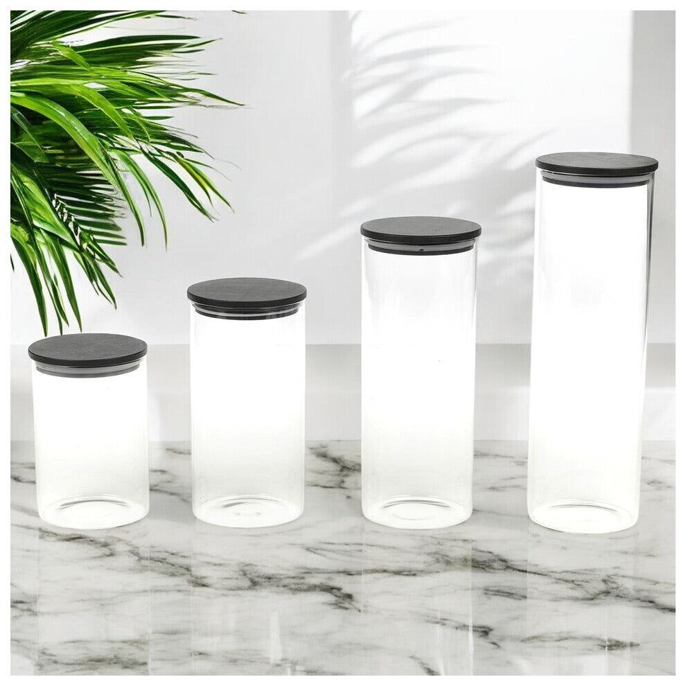 4-Piece Clear Glass Storage Jar Set with Black Airtight Lids
