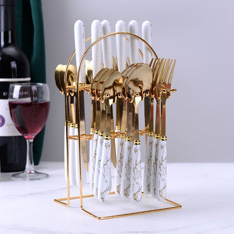 Ceramic Stainless Steel Marble Cutlery Sets Of 24 Pieces - Truly Yours