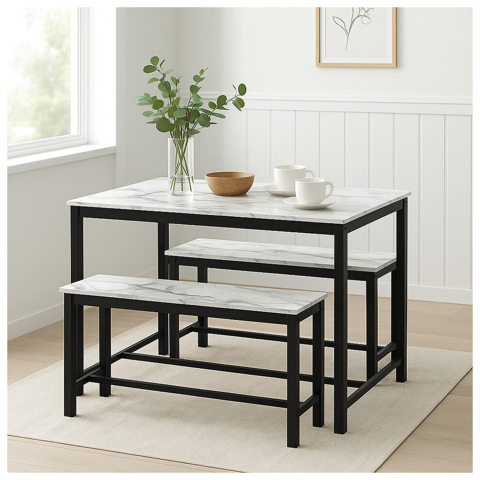White Marble 3 Pcs Wooden Kitchen Dining Living Room Table Metal Frame 2 Matching Benches Set - Truly Yours