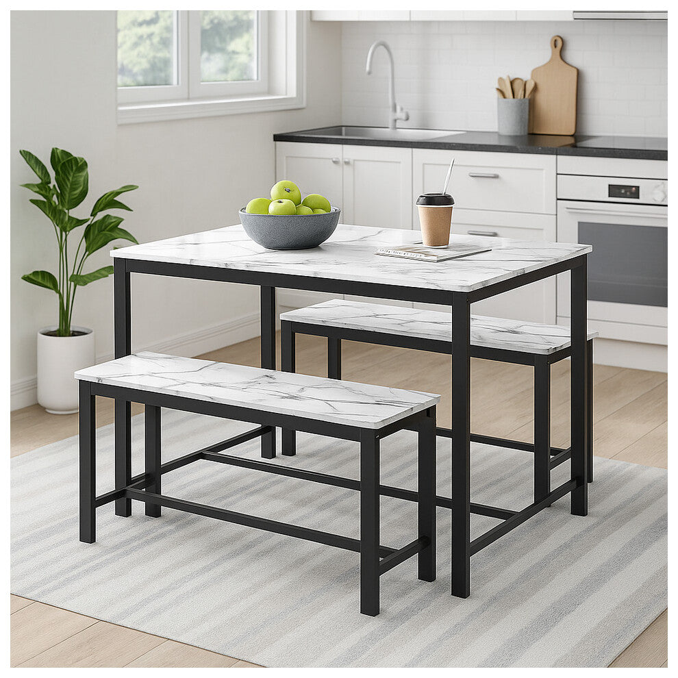 White Marble 3 Pcs Wooden Kitchen Dining Living Room Table Metal Frame 2 Matching Benches Set - Truly Yours