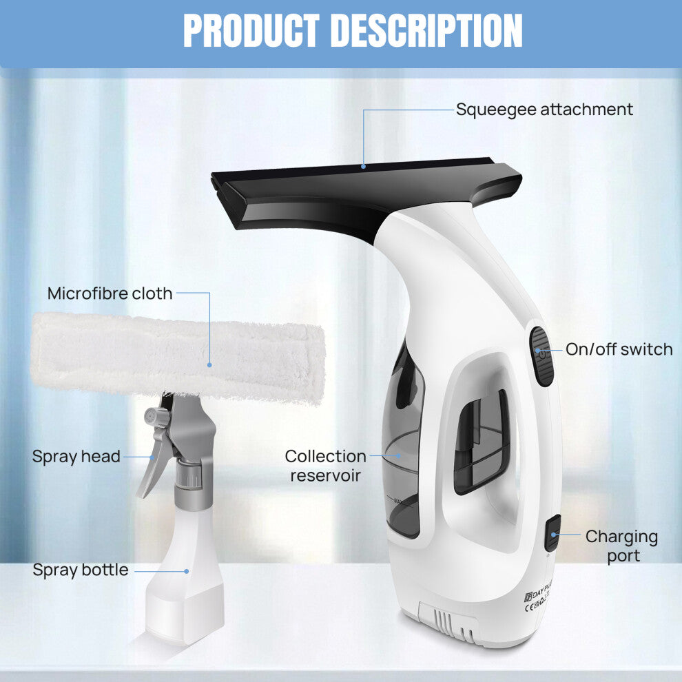 Cordless 3-in-1 Window Vacuum Cleaner with Spray Bottle & Microfibre Pad