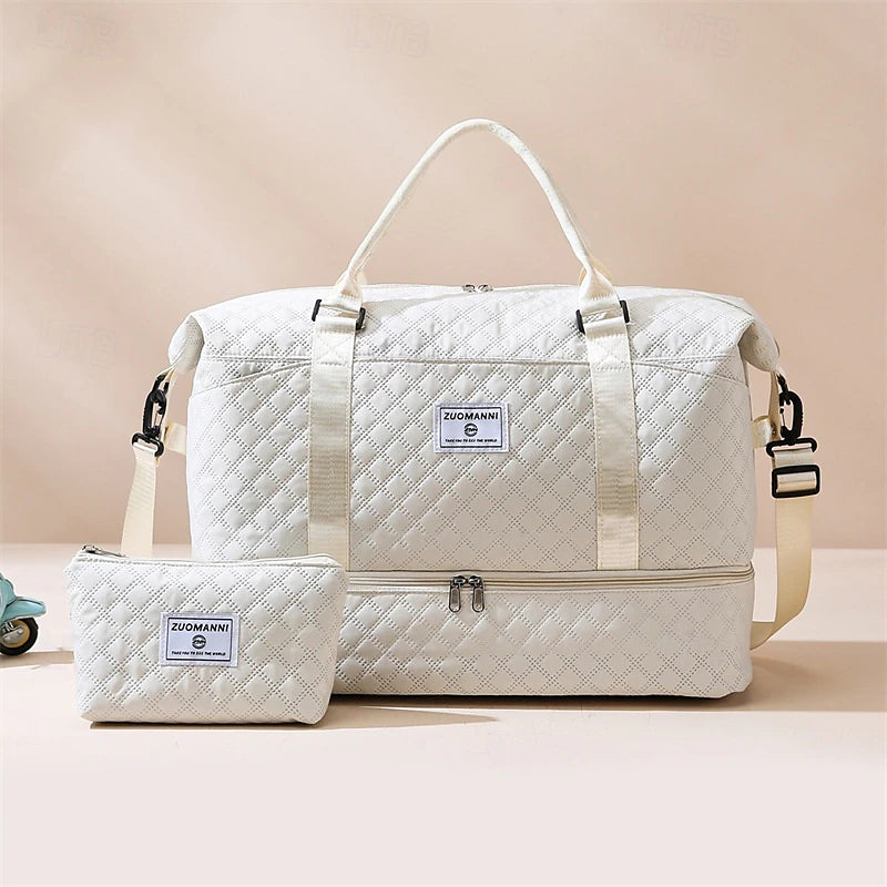 Quilted Multi-Compartment Travel & Gym Bag Set with Matching Pouch