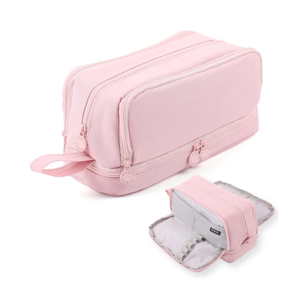 Pink Large Capacity Pencil Case – Multi-Compartment Canvas Pen & Stationery Organiser