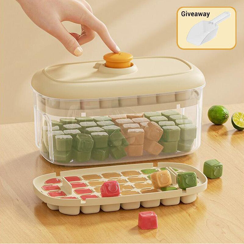 Beige Double Layer Ice Cube Mold with Lid & Ice Scoop & Storage Box 56 Grids