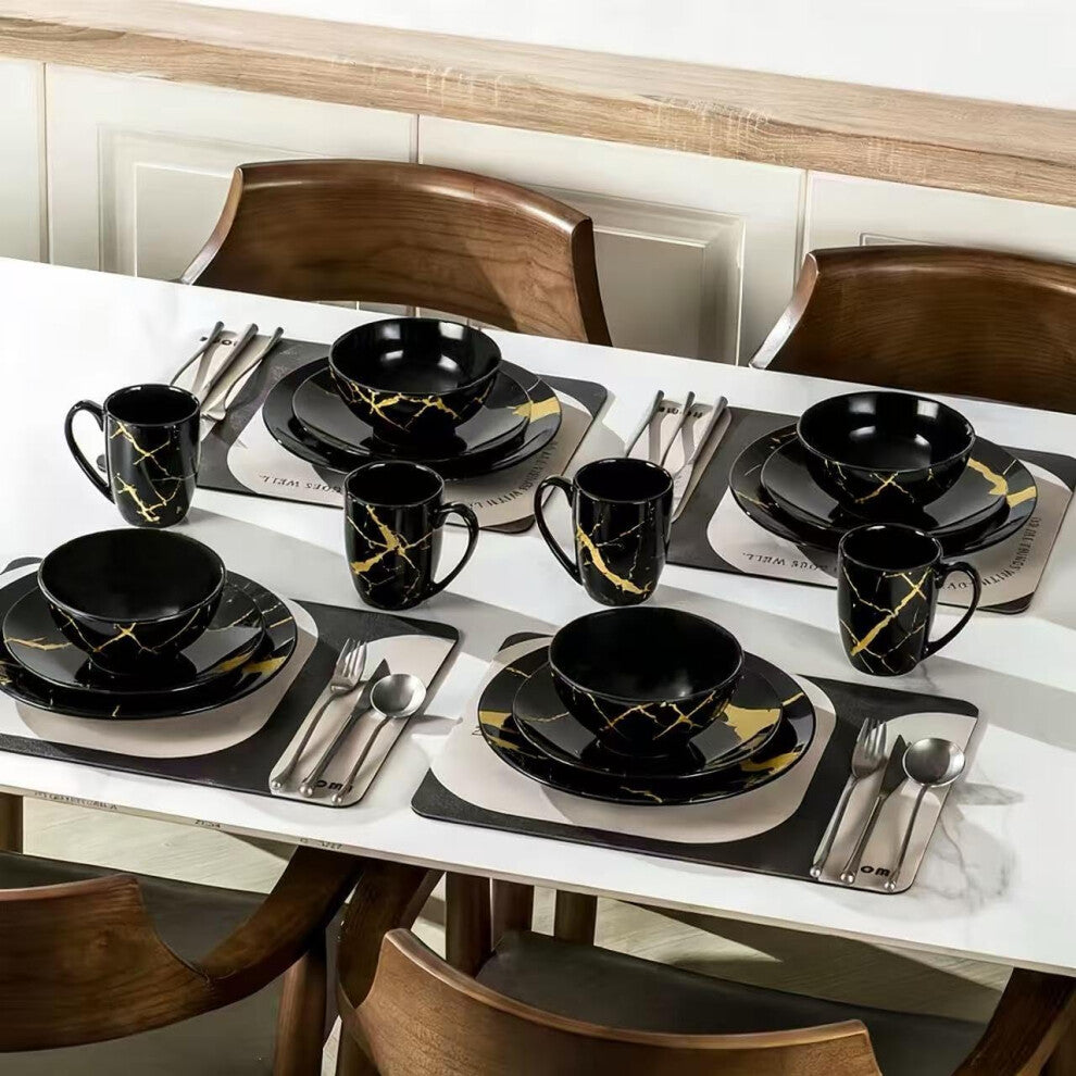 Alivio 16-Piece Premium Porcelain Dinnerware Set Black-Gold Marble Design