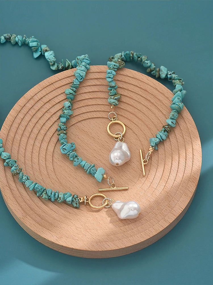 Women's Necklace and Bracelet Set, Imitation Pearl with Turquoise Beads