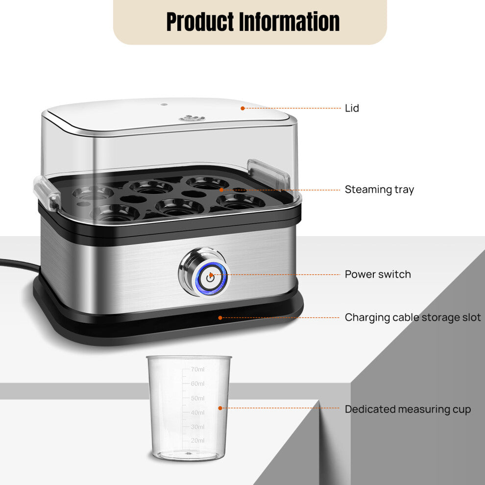 Electric Egg Cooker 6 Eggs Capacity for Soft/Medium/Hard Boiled Eggs, 350W Fast Cooking, BPA-Free Stainless Steel