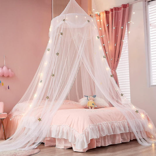 Star Bed Canopy with Fairy Lights – Dreamy Princess Canopy Curtains for Girls