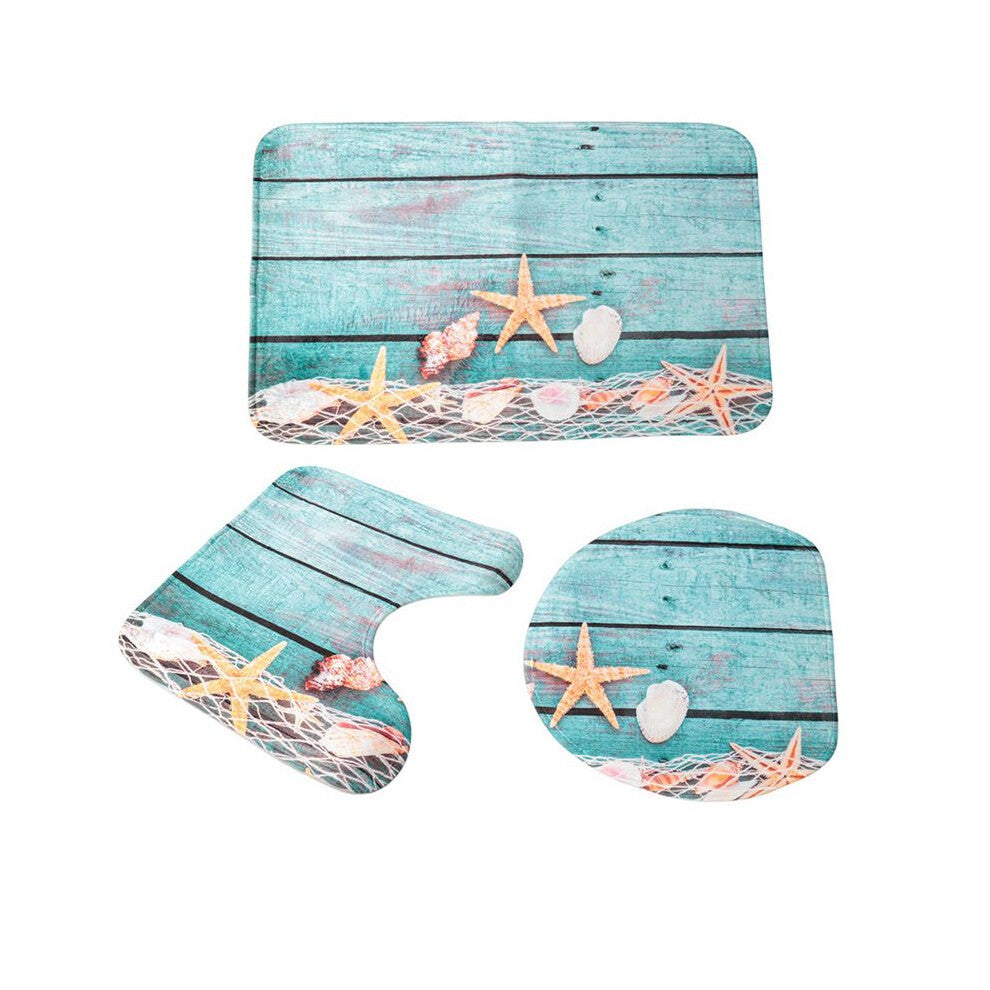 3-Piece Coastal Seashell Bathroom Mat Set – Non-Slip Bath, Toilet & Pedestal Rug Set