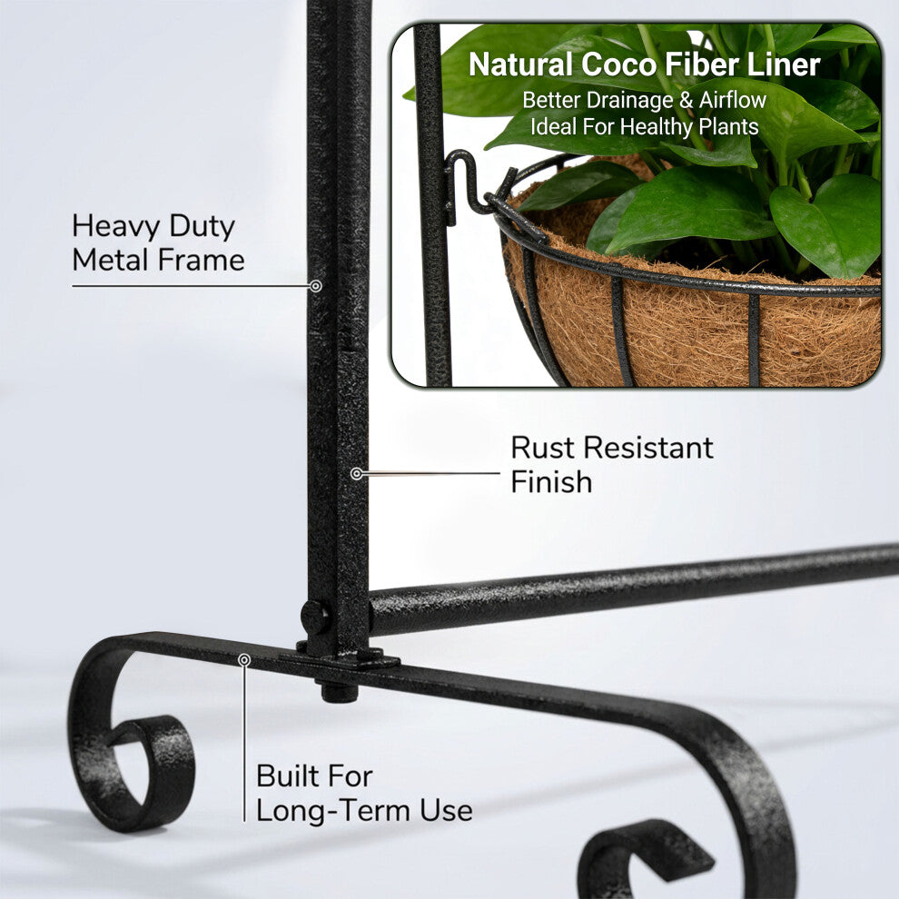 14" Welcome Hanging Flower Planter Stand with Metal Frame – Decorative Indoor & Outdoor Plant Holder, Pre-Lined Basket