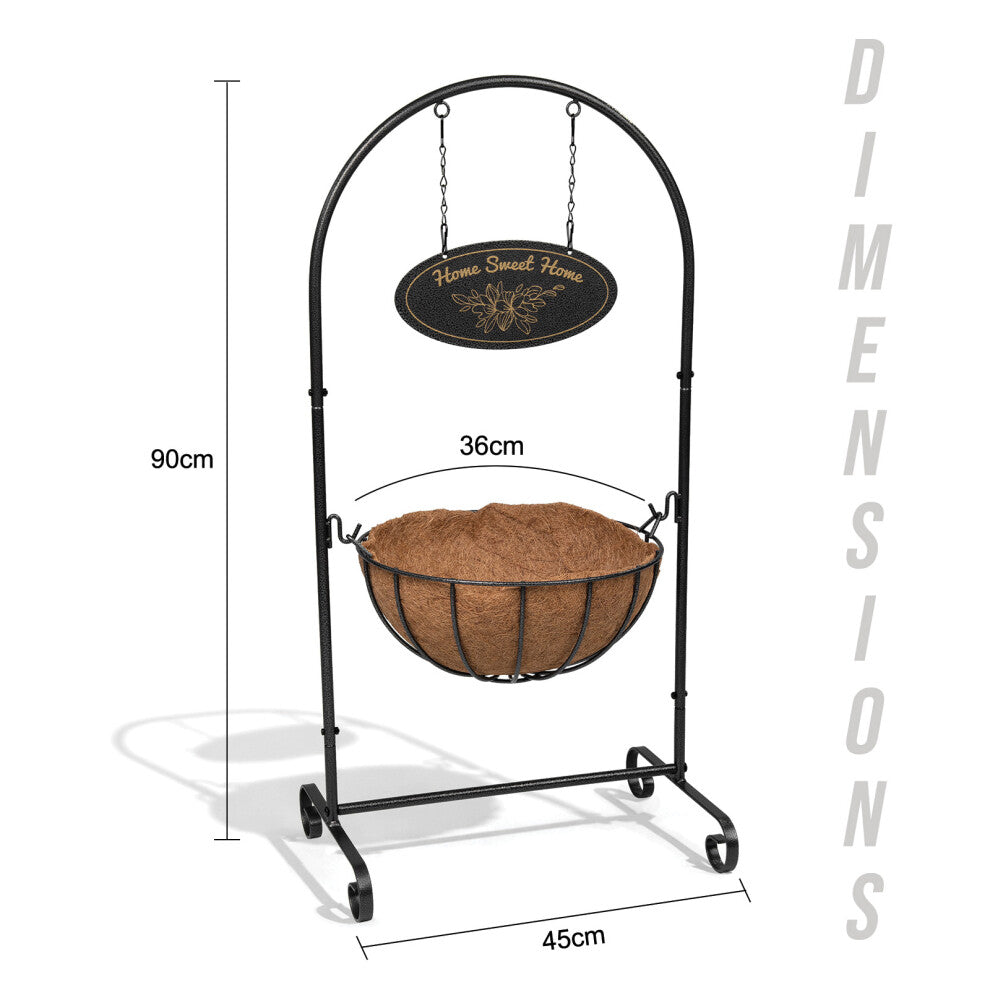 14" Welcome Hanging Flower Planter Stand with Metal Frame – Decorative Indoor & Outdoor Plant Holder, Pre-Lined Basket