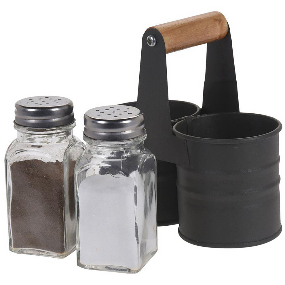 GEEZY Glass Salt and Pepper Shaker Set with Metal Tin Storage Holder