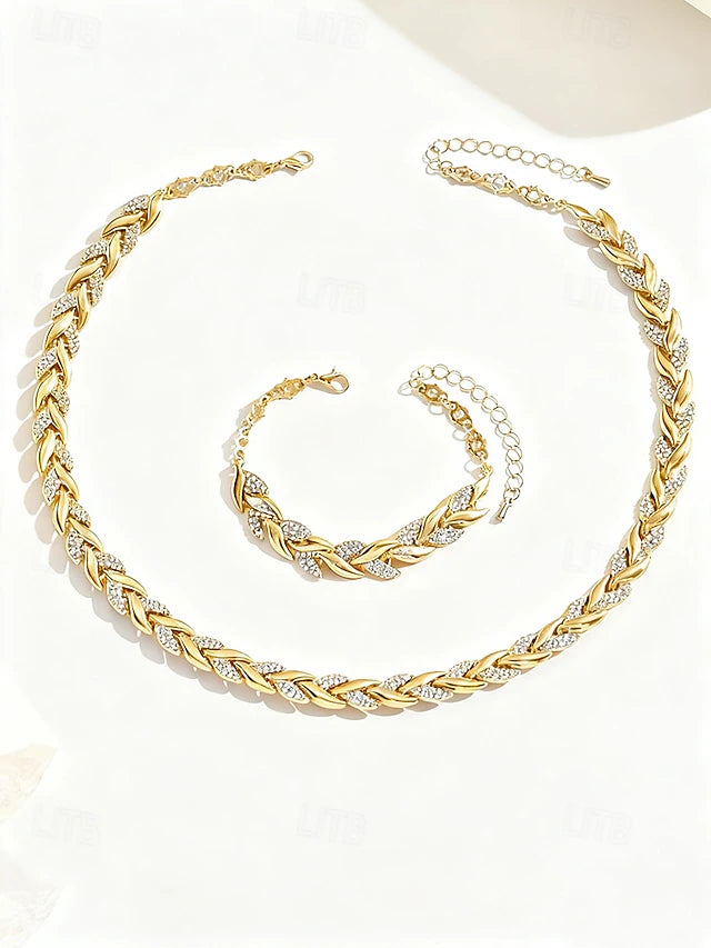 Elegant Rose Gold, silver or gold Leaf Link Necklace & Bracelet Set – Sparkling Zircon Jewellery Collection - Truly Yours