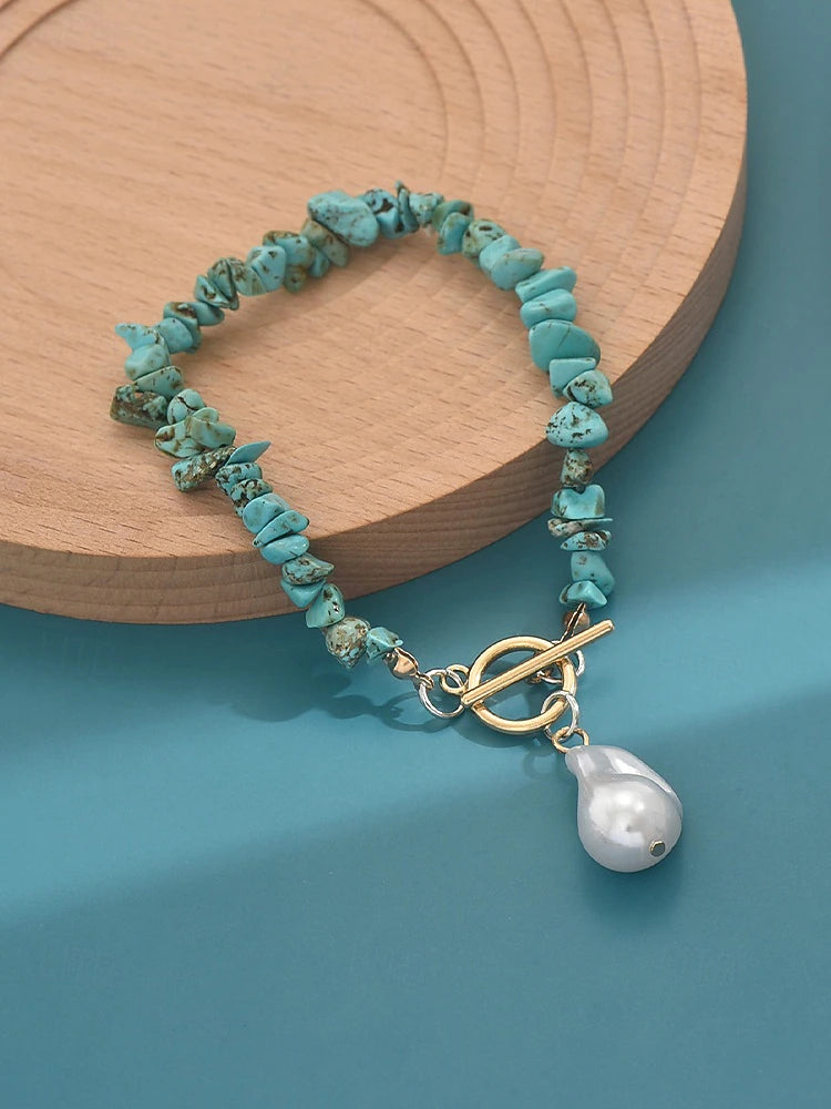 Women's Necklace and Bracelet Set, Imitation Pearl with Turquoise Beads - Truly Yours