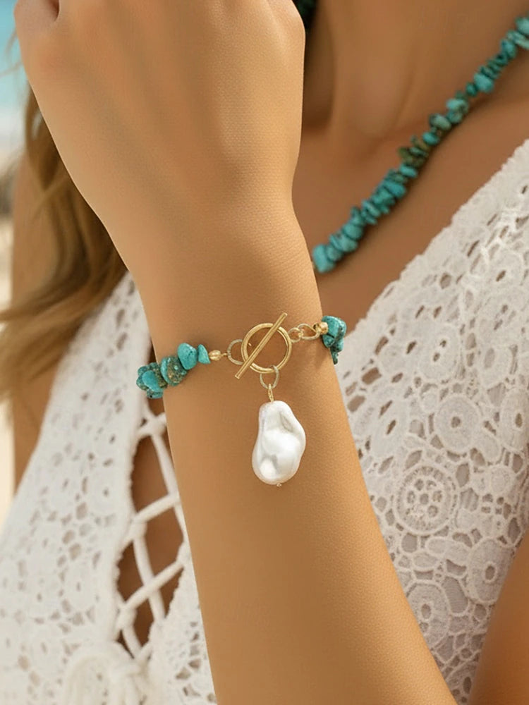 Women's Necklace and Bracelet Set, Imitation Pearl with Turquoise Beads - Truly Yours