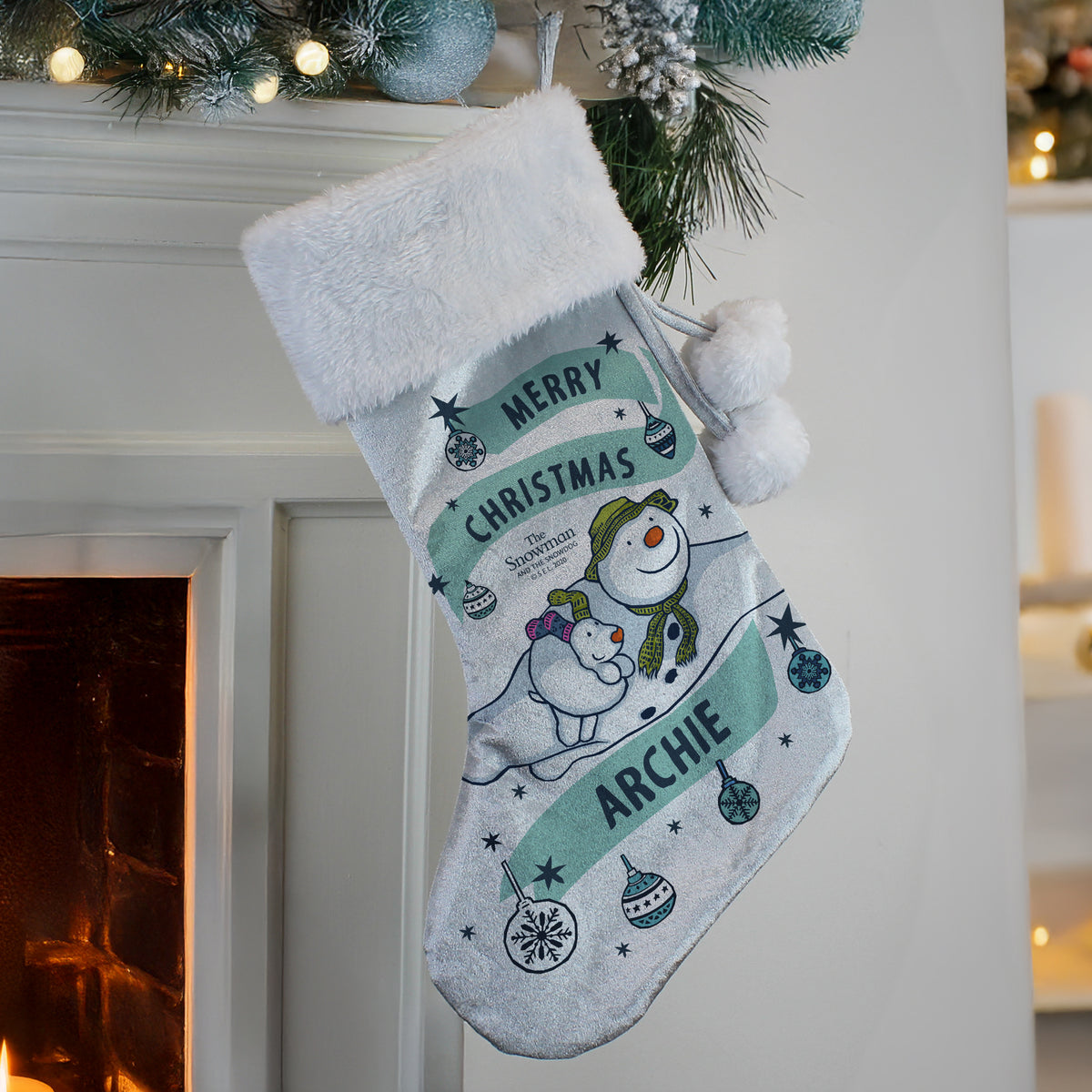 Personalised The Snowman and the Snowdog Luxury Silver Grey Stocking